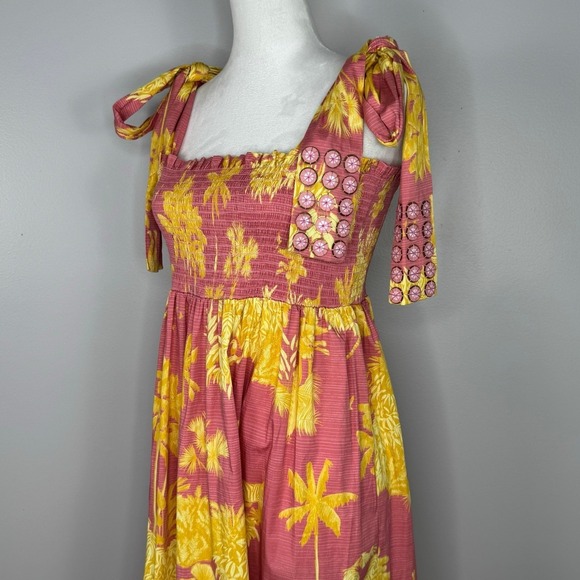 Sheridan French Kelly Dress XL Pink Yellow Floral Tie Strap Smocked Maxi Cotton - Picture 6 of 14